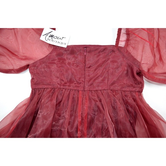 Amour Boutique TCEC‎ Babydoll Dress Women's Size S Wine Color Puff Short Sleeve - Picture 9 of 15